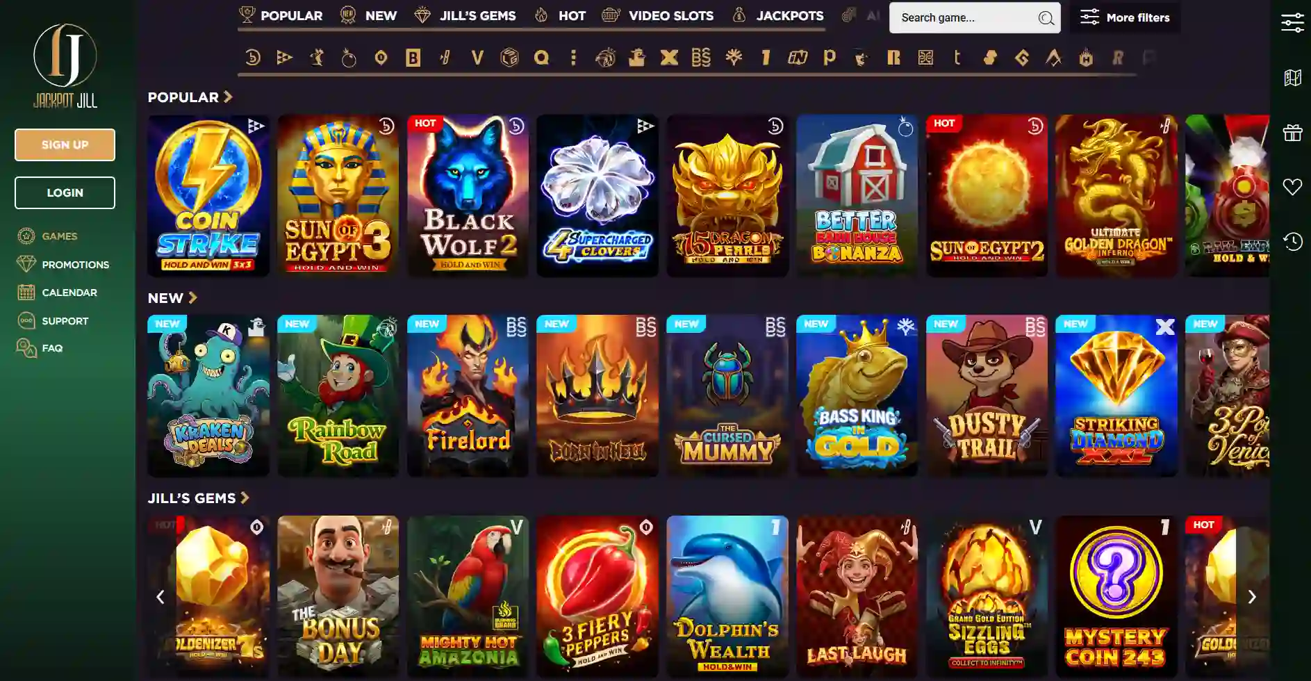 Jackpot Jill casino homepage with the site header and casino lobby navigation visible
