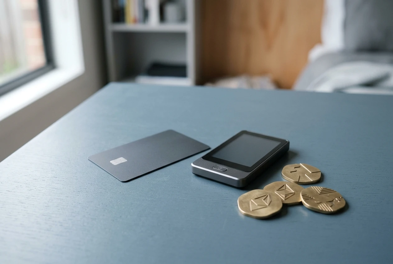 A bank card, a neutral digital wallet screen and metallic cryptocurrency tokens arranged on a desk