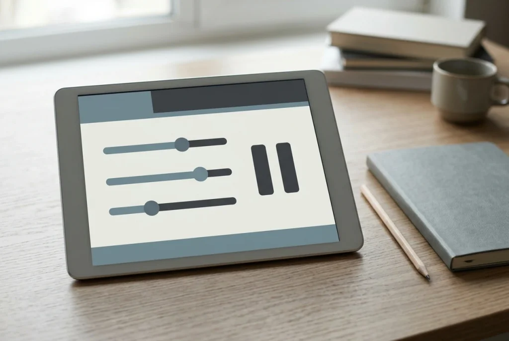 Abstract device screen with three unlabelled adjustment sliders and a simple pause symbol beside a closed notebook