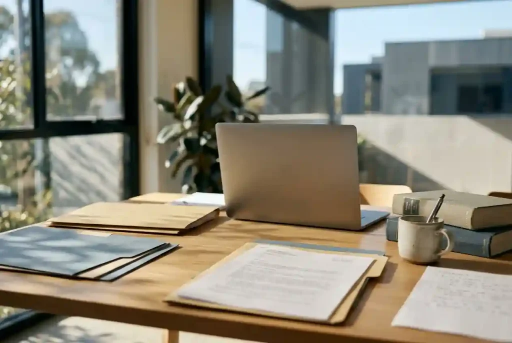Australian desk with a closed laptop, law books and neatly arranged paper documents