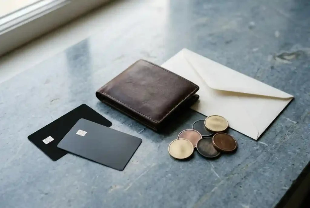 Unbranded payment cards, a closed wallet and a small abstract cryptocurrency coin arrangement on a tabletop
