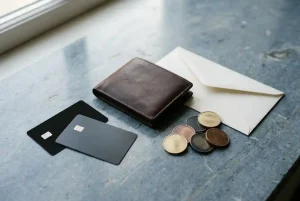 Unbranded payment cards, a closed wallet and a small abstract cryptocurrency coin arrangement on a tabletop