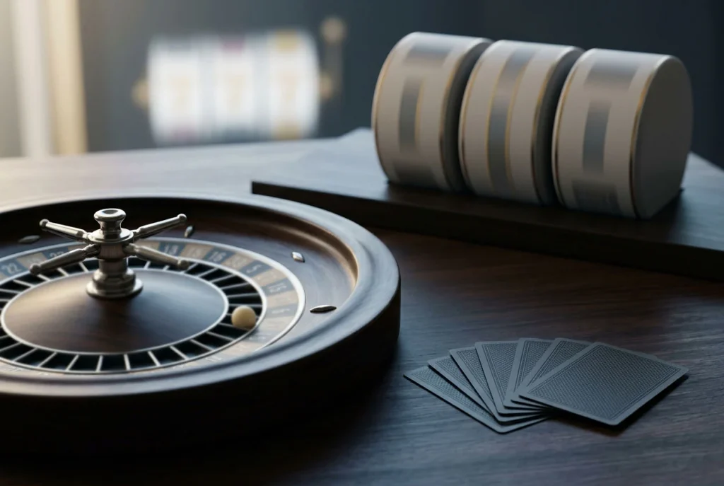Unbranded roulette wheel, a fan of plain playing cards and an abstract slot-reel arrangement on a softly lit table
