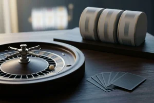 Unbranded roulette wheel, a fan of plain playing cards and an abstract slot-reel arrangement on a softly lit table
