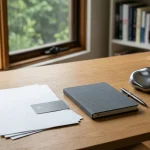 Plain bank paperwork, an unbranded payment card and a neutral digital-asset token arranged on a desk