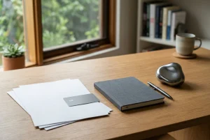 Plain bank paperwork, an unbranded payment card and a neutral digital-asset token arranged on a desk